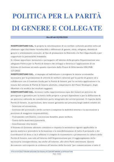 Prima pagina della Politica per la Parità di Genere firmata